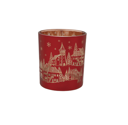 Red Mercury Glass Tealight Holder — Laser‑Etched Woodland Scene, Red & Gold Finish - Veranda Cafe & Mercantile