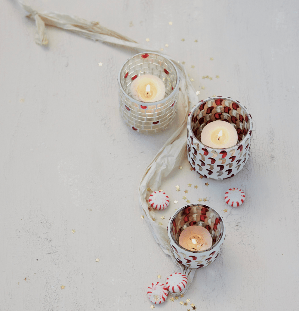 Red Mosaic Glass Votive Holder — Heart Motif (3" x 3" x 3") - Veranda Cafe & Mercantile