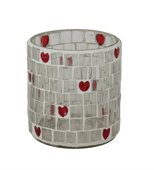 Red Mosaic Glass Votive Holder — Heart Motif (3" x 3" x 3") - Veranda Cafe & Mercantile