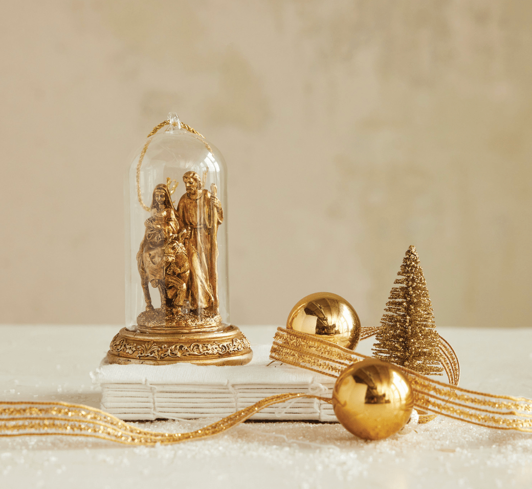 Resin Cloche Holy Family Ornament with LED Light — Antique Gold (2.75" × 4.75") - Veranda Cafe & Mercantile