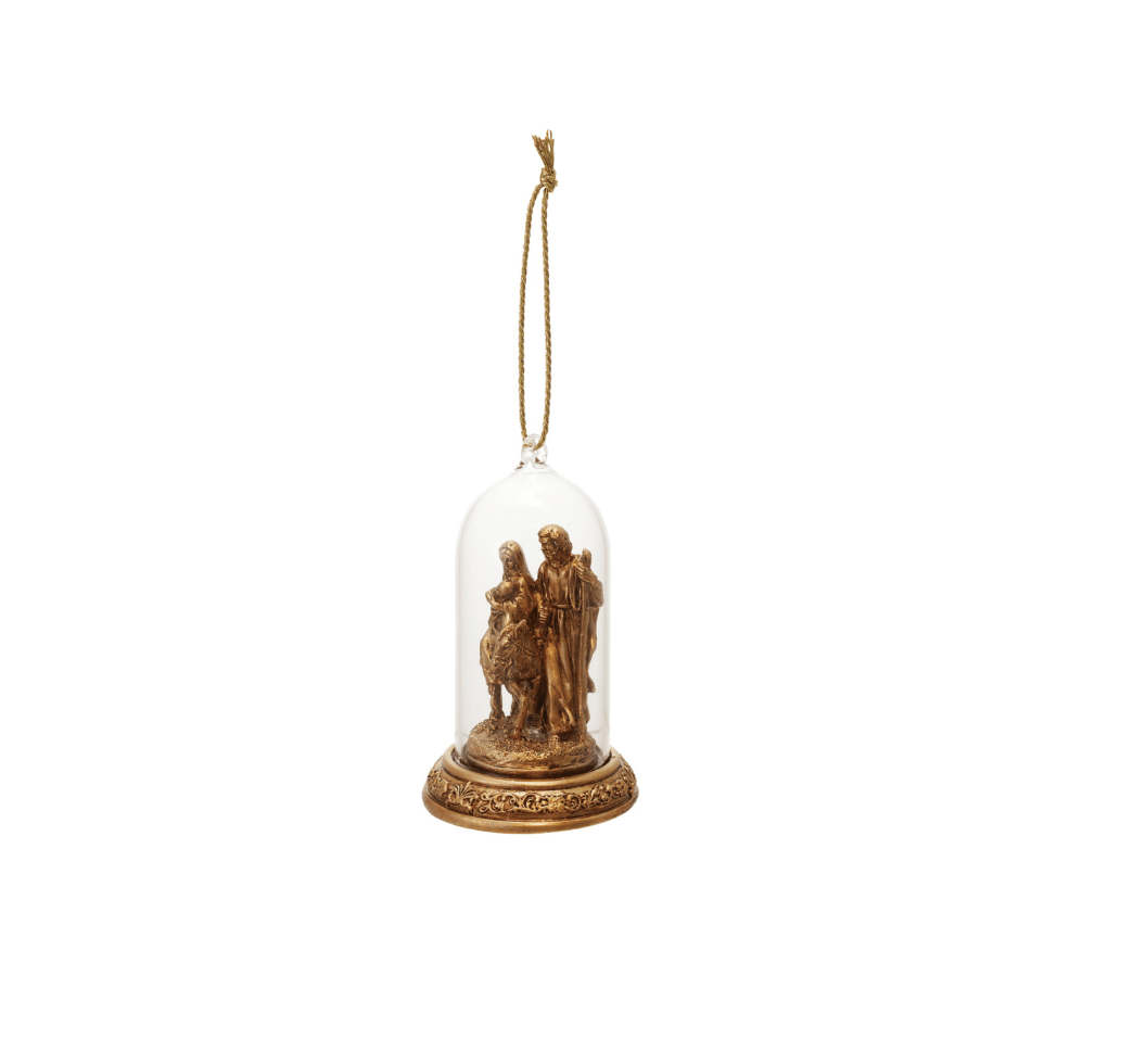 Resin Cloche Holy Family Ornament with LED Light — Antique Gold (2.75" × 4.75") - Veranda Cafe & Mercantile