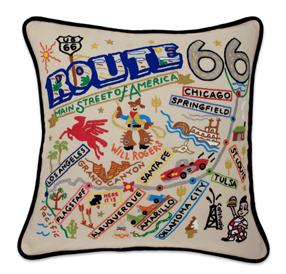 Route 66 Hand - Embroidered Pillow - Veranda Cafe & Mercantile