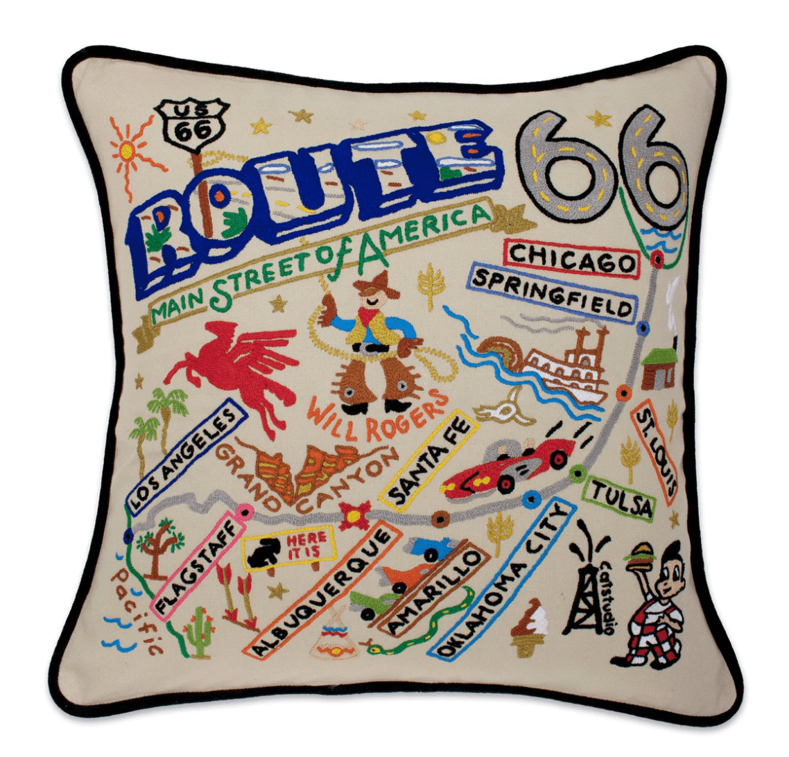 Route 66 Hand - Embroidered Pillow - Veranda Cafe & Mercantile