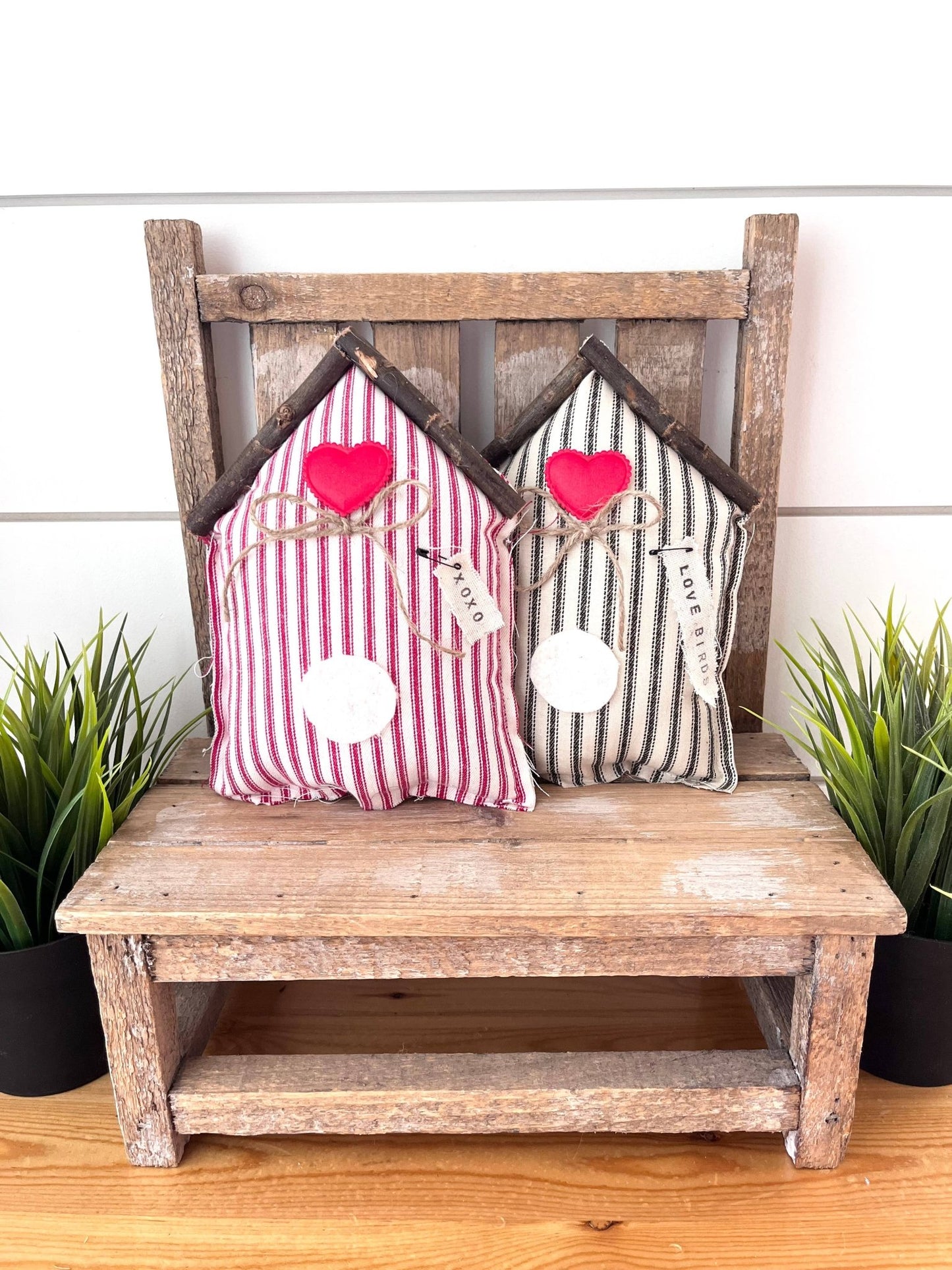 Rustic Fabric Farmhouse Valentine Bird House Red Ticking Stripe - Veranda Cafe & Mercantile