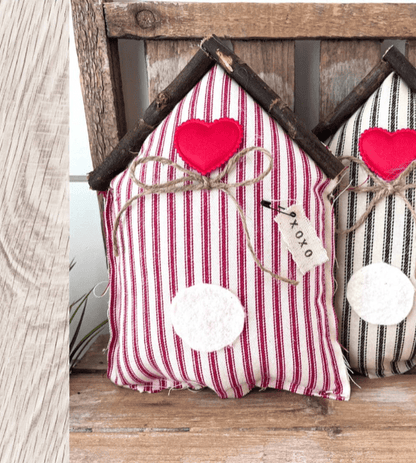 Rustic Fabric Farmhouse Valentine Bird House Red Ticking Stripe - Veranda Cafe & Mercantile