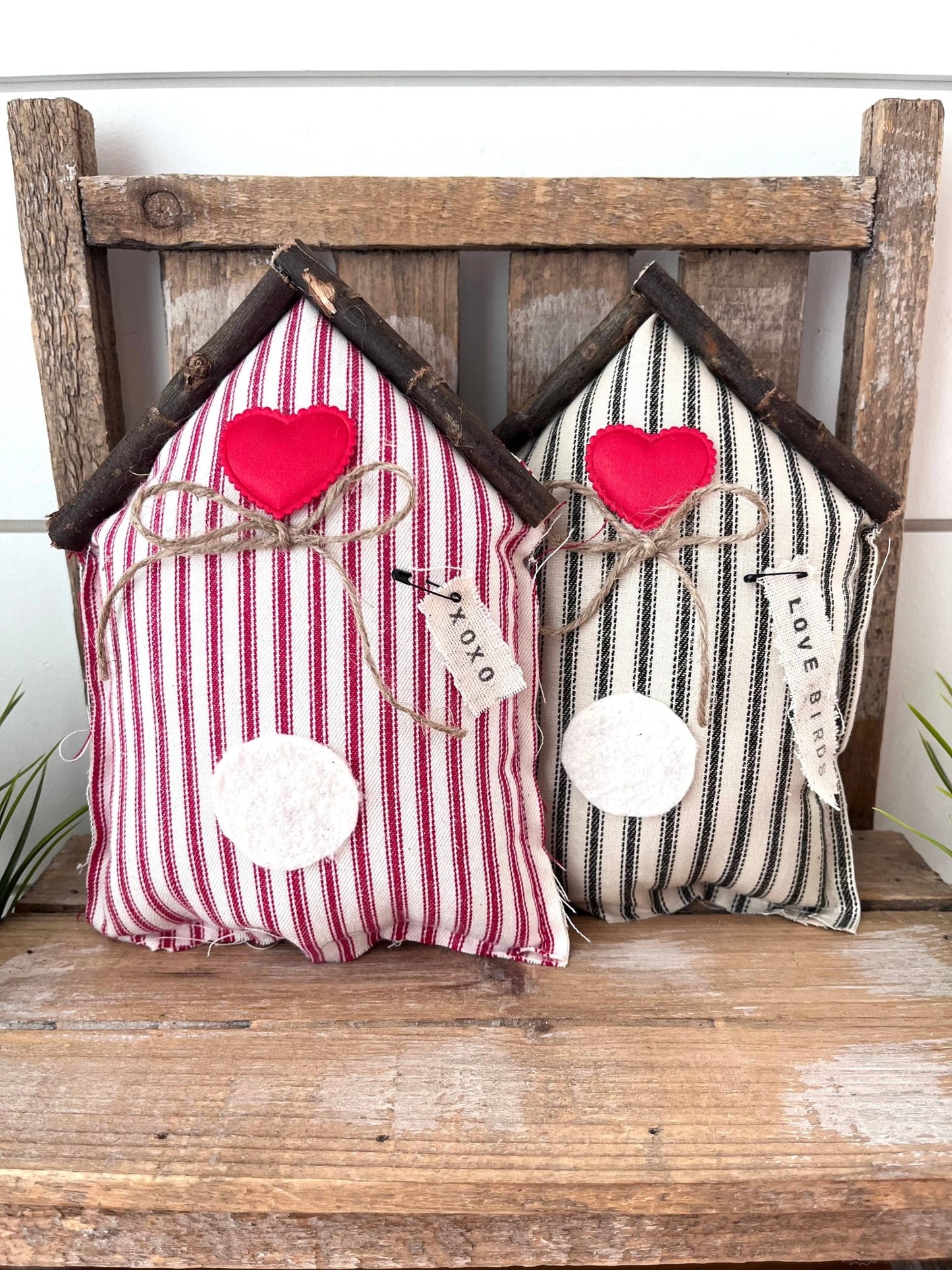 Rustic Fabric Farmhouse Valentine Bird House Red Ticking Stripe - Veranda Cafe & Mercantile