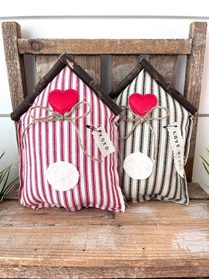 Rustic Fabric Farmhouse Valentine Bird House Red Ticking Stripe - Veranda Cafe & Mercantile