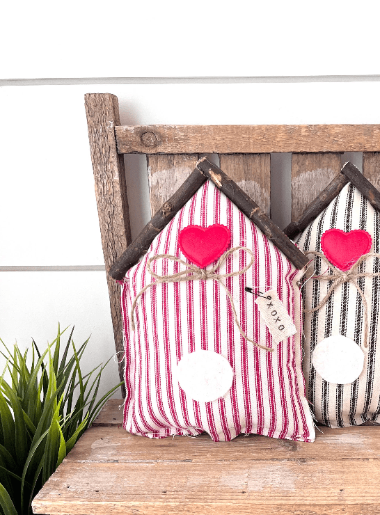 Rustic Fabric Farmhouse Valentine Bird House Red Ticking Stripe - Veranda Cafe & Mercantile