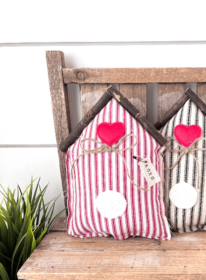Rustic Fabric Farmhouse Valentine Bird House Red Ticking Stripe - Veranda Cafe & Mercantile