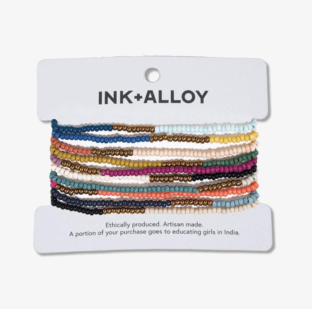 Sage Color Block Beaded 10 Strand Stretch Bracelets Gold Block - Veranda Cafe & Mercantile