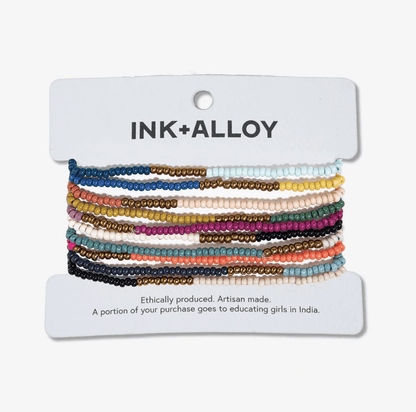 Sage Color Block Beaded 10 Strand Stretch Bracelets Gold Block - Veranda Cafe & Mercantile