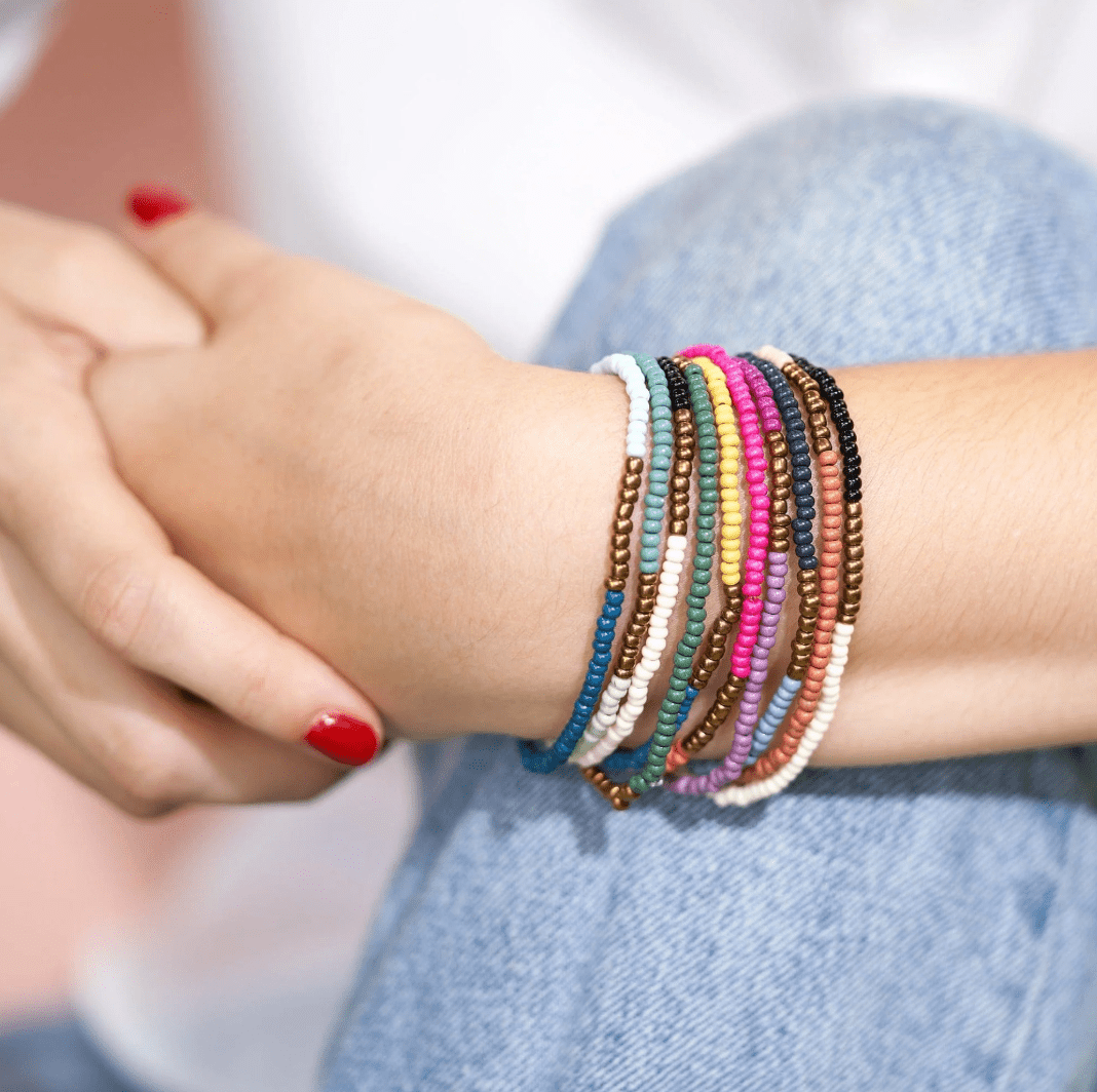 Sage Color Block Beaded 10 Strand Stretch Bracelets Gold Block - Veranda Cafe & Mercantile