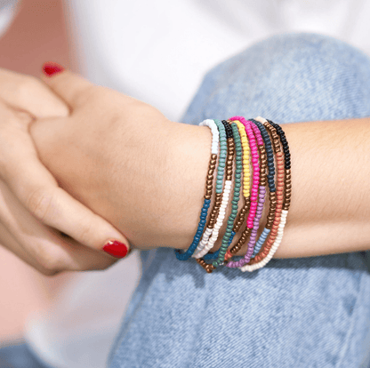 Sage Color Block Beaded 10 Strand Stretch Bracelets Gold Block - Veranda Cafe & Mercantile