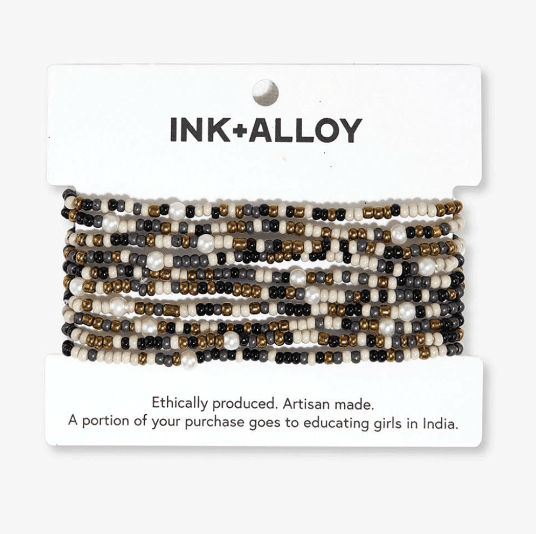Sage Confetti Beaded 10 Strand Stretch Bracelets Black - Veranda Cafe & Mercantile