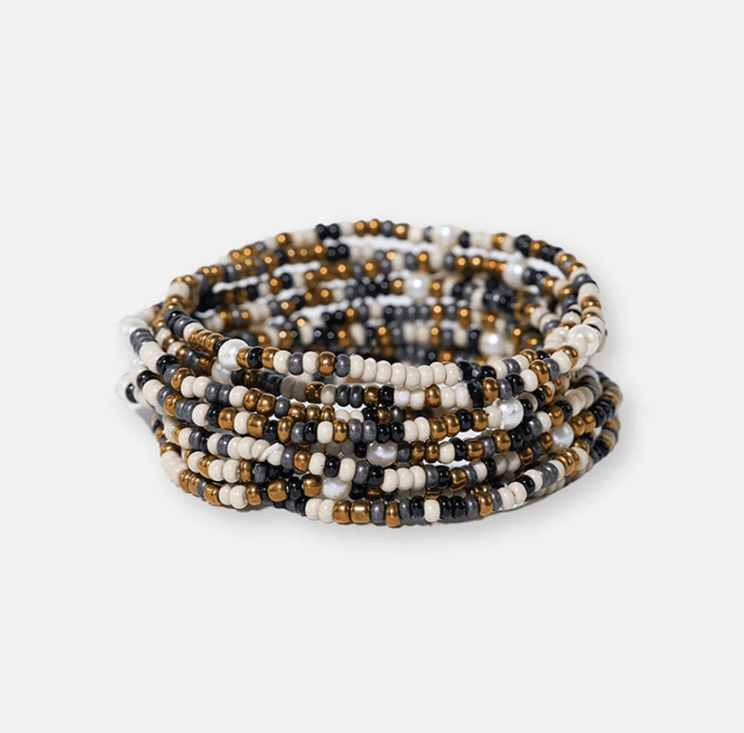 Sage Confetti Beaded 10 Strand Stretch Bracelets Black - Veranda Cafe & Mercantile