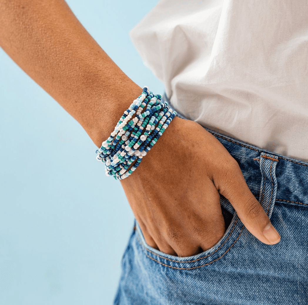 Sage Confetti Beaded 10 Strand Stretch Bracelets Blue - Veranda Cafe & Mercantile