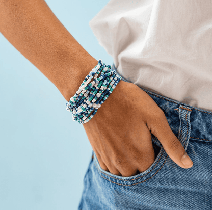 Sage Confetti Beaded 10 Strand Stretch Bracelets Blue - Veranda Cafe & Mercantile