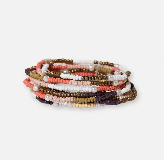 Sage Mixed Colorblocks With Pearls Beaded 10 Strand Stretch Bracelet Set Jaipur - Veranda Cafe & Mercantile