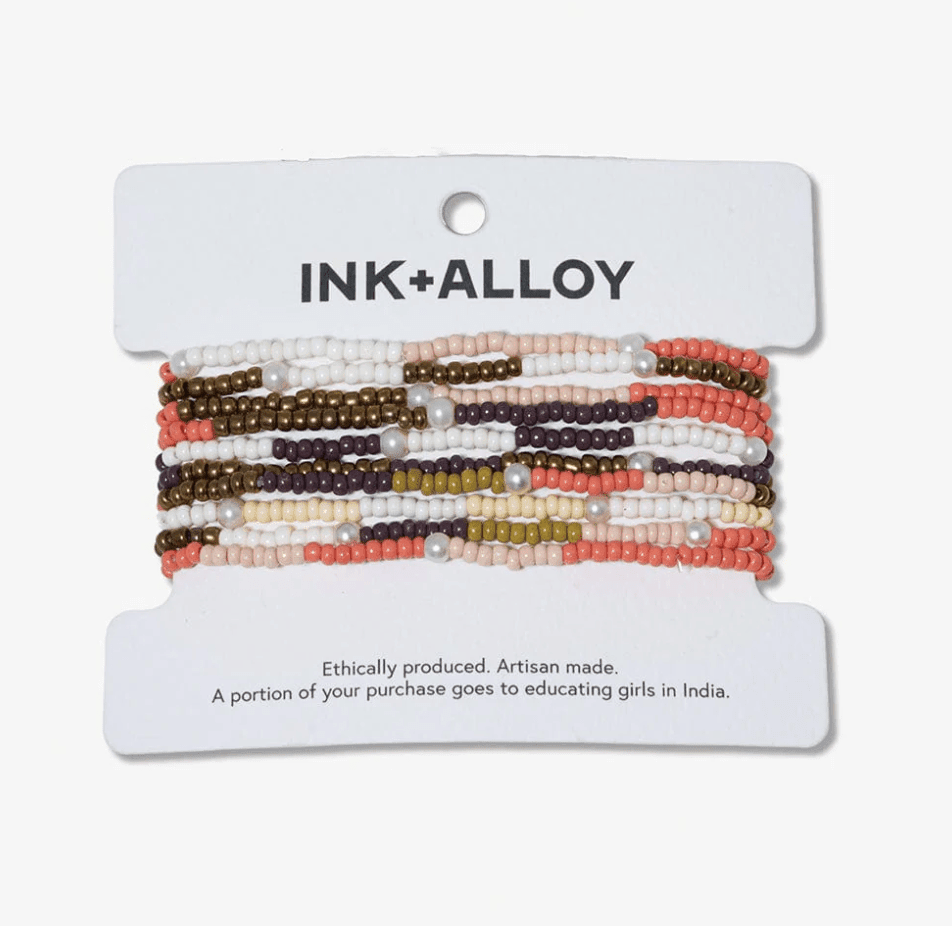 Sage Mixed Colorblocks With Pearls Beaded 10 Strand Stretch Bracelet Set Jaipur - Veranda Cafe & Mercantile