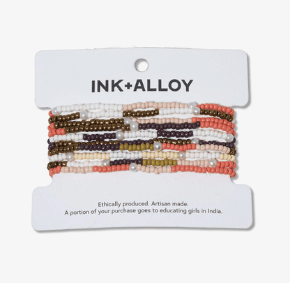 Sage Mixed Colorblocks With Pearls Beaded 10 Strand Stretch Bracelet Set Jaipur - Veranda Cafe & Mercantile