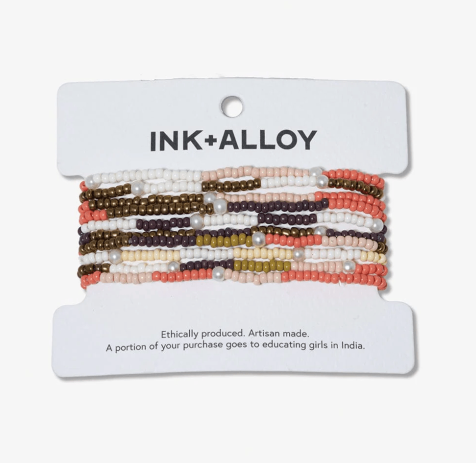 Sage Mixed Colorblocks With Pearls Beaded 10 Strand Stretch Bracelet Set Jaipur - Veranda Cafe & Mercantile