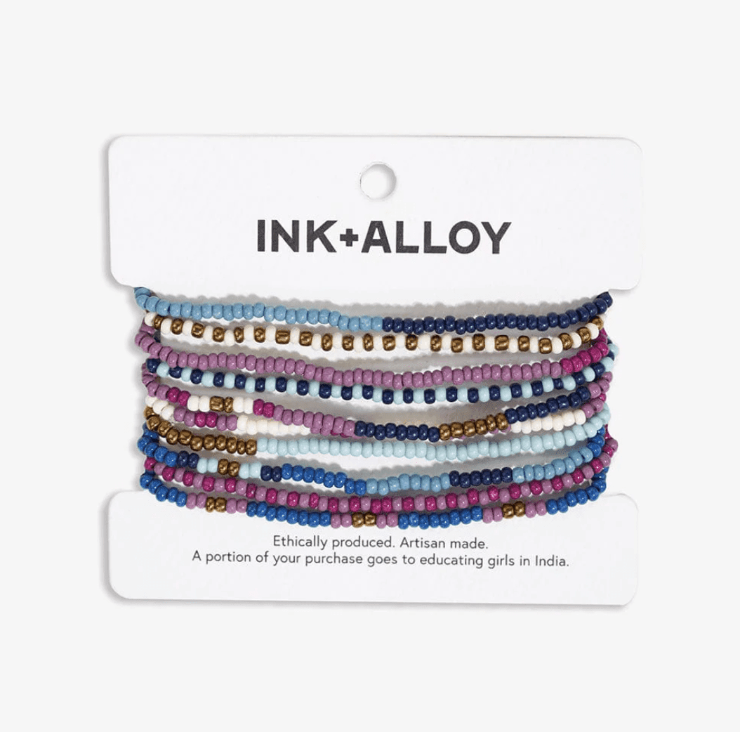 Sage Mixed Stripe Beaded 10 Strand Stretch Bracelet Set Blue + Lavender - Veranda Cafe & Mercantile