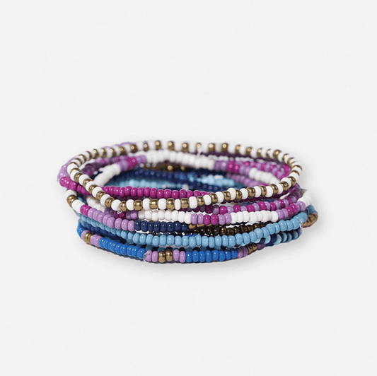 Sage Mixed Stripe Beaded 10 Strand Stretch Bracelet Set Blue + Lavender - Veranda Cafe & Mercantile
