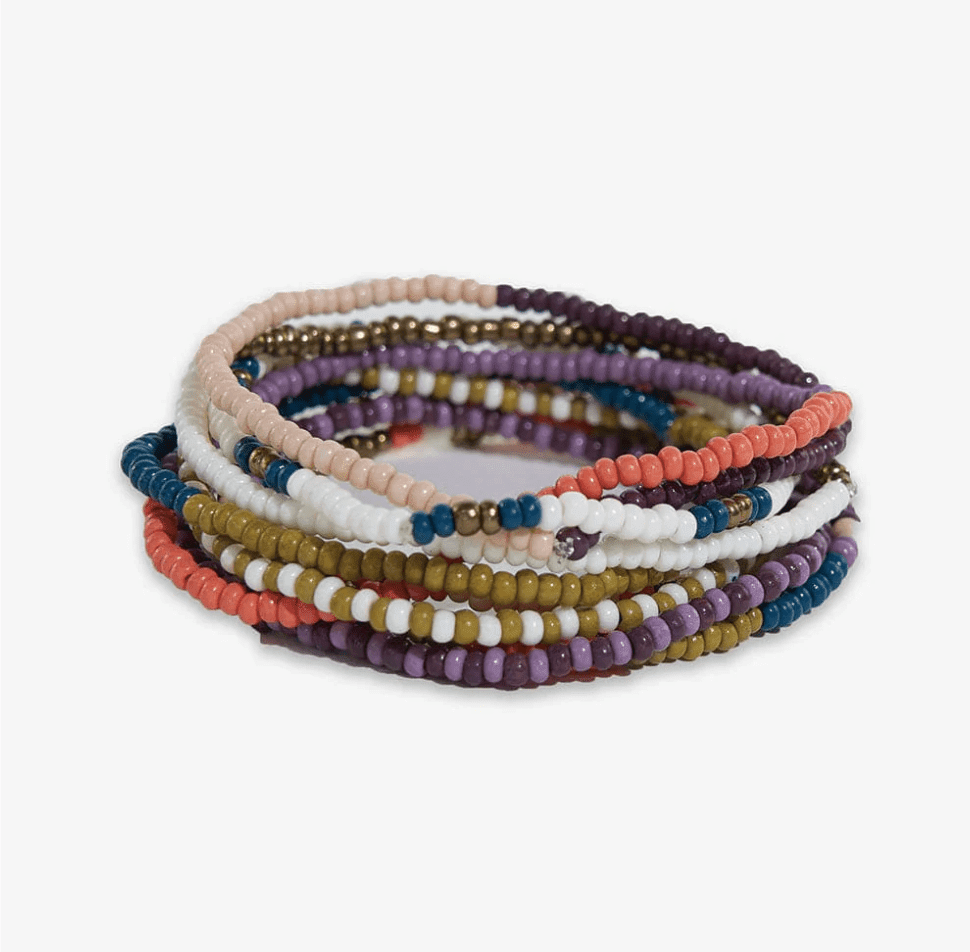 Sage Mixed Stripe Beaded 10 Strand Stretch Bracelet Set Citron + Coral - Veranda Cafe & Mercantile