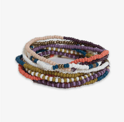 Sage Mixed Stripe Beaded 10 Strand Stretch Bracelet Set Citron + Coral - Veranda Cafe & Mercantile