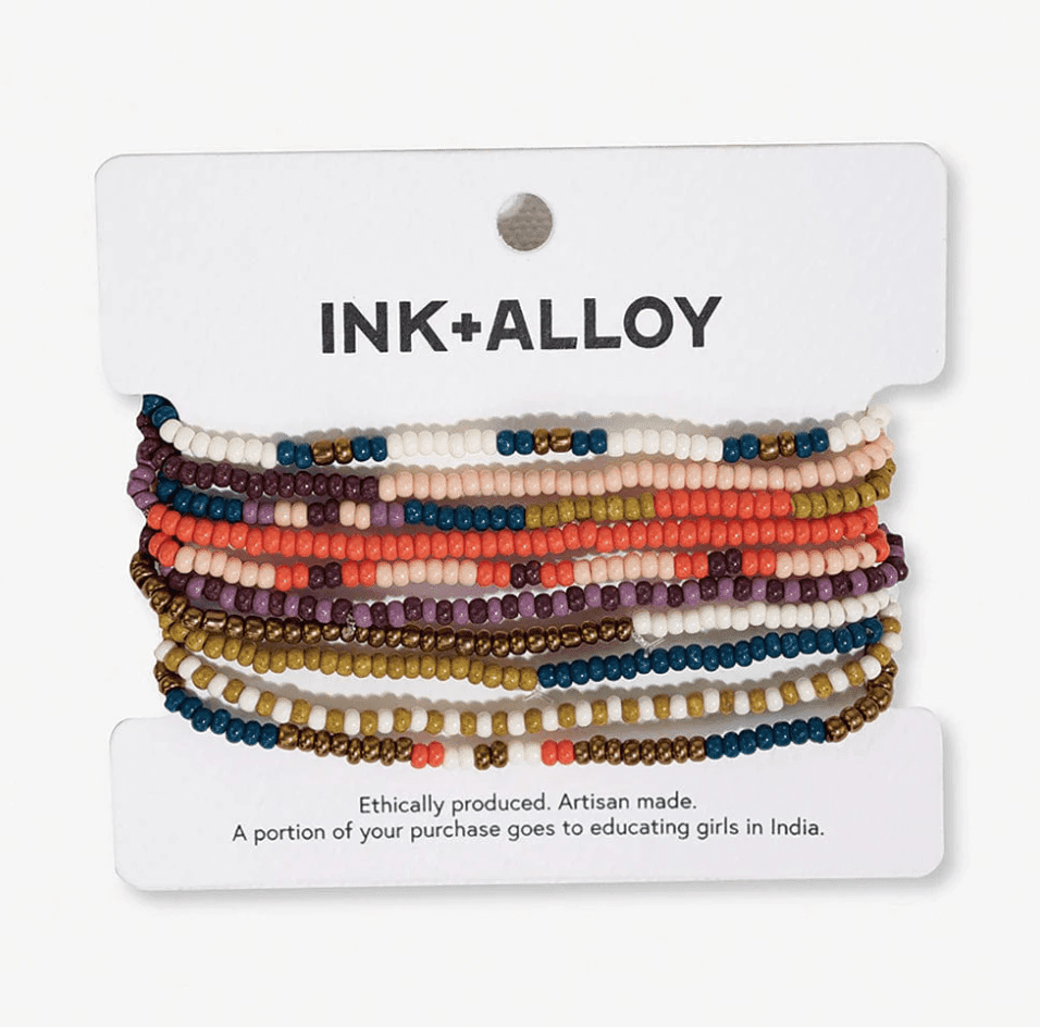 Sage Mixed Stripe Beaded 10 Strand Stretch Bracelet Set Citron + Coral - Veranda Cafe & Mercantile