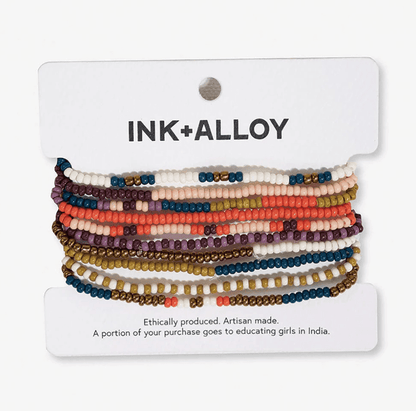 Sage Mixed Stripe Beaded 10 Strand Stretch Bracelet Set Citron + Coral - Veranda Cafe & Mercantile