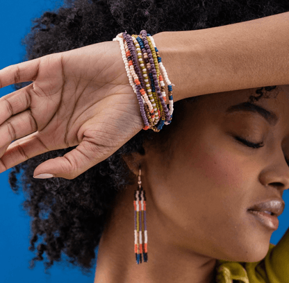 Sage Mixed Stripe Beaded 10 Strand Stretch Bracelet Set Citron + Coral - Veranda Cafe & Mercantile