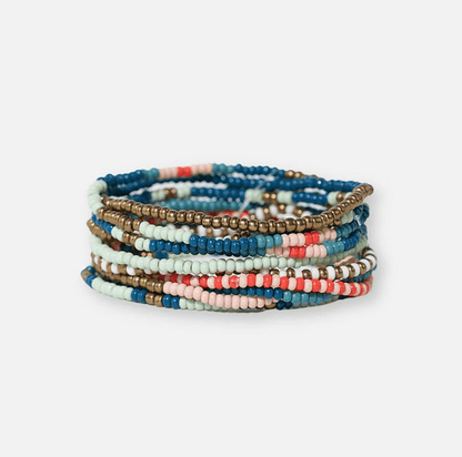 Sage Mixed Stripe Beaded 10 Strand Stretch Bracelet Set Teal + Poppy - Veranda Cafe & Mercantile