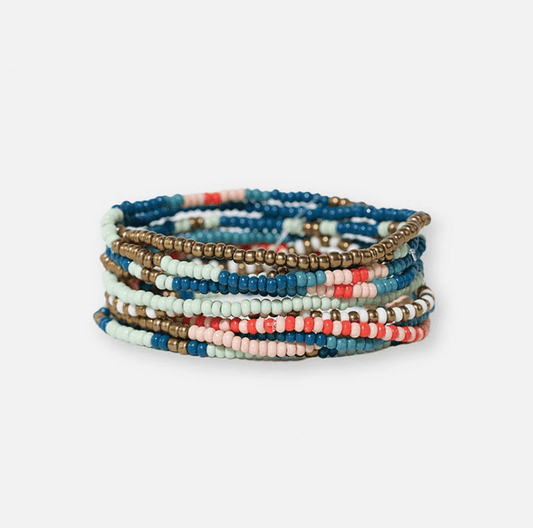 Sage Mixed Stripe Beaded 10 Strand Stretch Bracelet Set Teal + Poppy - Veranda Cafe & Mercantile