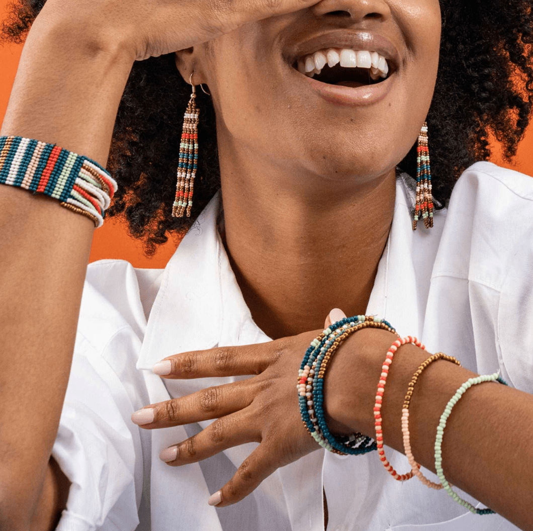 Sage Mixed Stripe Beaded 10 Strand Stretch Bracelet Set Teal + Poppy - Veranda Cafe & Mercantile