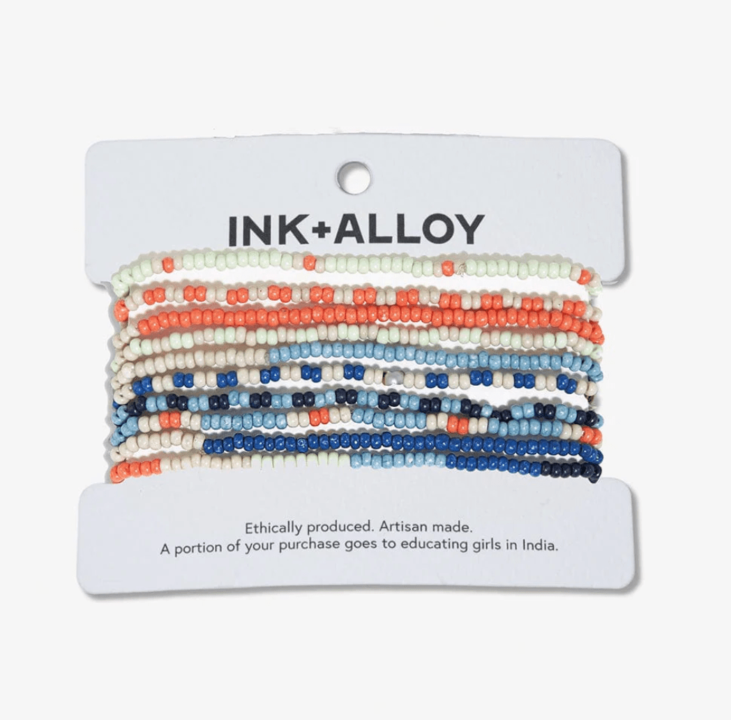 Sage Mixed Stripe Beaded 10 Strand Stretch Bracelets Coastal - Veranda Cafe & Mercantile