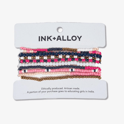 Sage Mixed Stripe Beaded 10 Strand Stretch Bracelets Hot Pink - Veranda Cafe & Mercantile