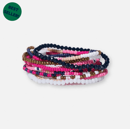 Sage Mixed Stripe Beaded 10 Strand Stretch Bracelets Hot Pink - Veranda Cafe & Mercantile