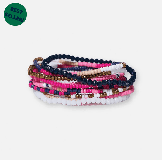 Sage Mixed Stripe Beaded 10 Strand Stretch Bracelets Hot Pink - Veranda Cafe & Mercantile