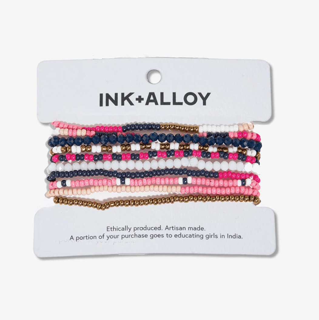 Sage Mixed Stripe Beaded 10 Strand Stretch Bracelets Hot Pink - Veranda Cafe & Mercantile