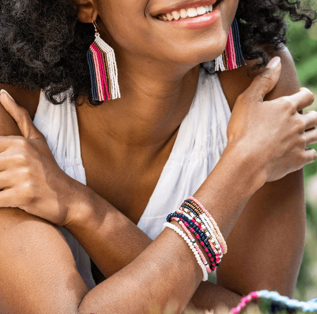Sage Mixed Stripe Beaded 10 Strand Stretch Bracelets Hot Pink - Veranda Cafe & Mercantile