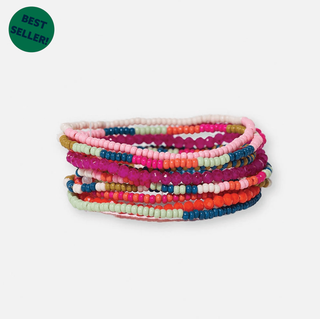 Sage Mixed Stripe Beaded 10 Strand Stretch Bracelets Rainbow - Veranda Cafe & Mercantile