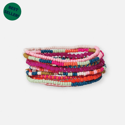 Sage Mixed Stripe Beaded 10 Strand Stretch Bracelets Rainbow - Veranda Cafe & Mercantile