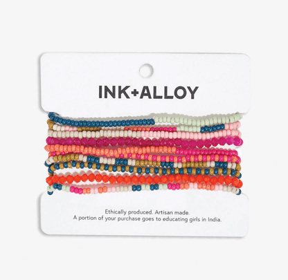 Sage Mixed Stripe Beaded 10 Strand Stretch Bracelets Rainbow - Veranda Cafe & Mercantile