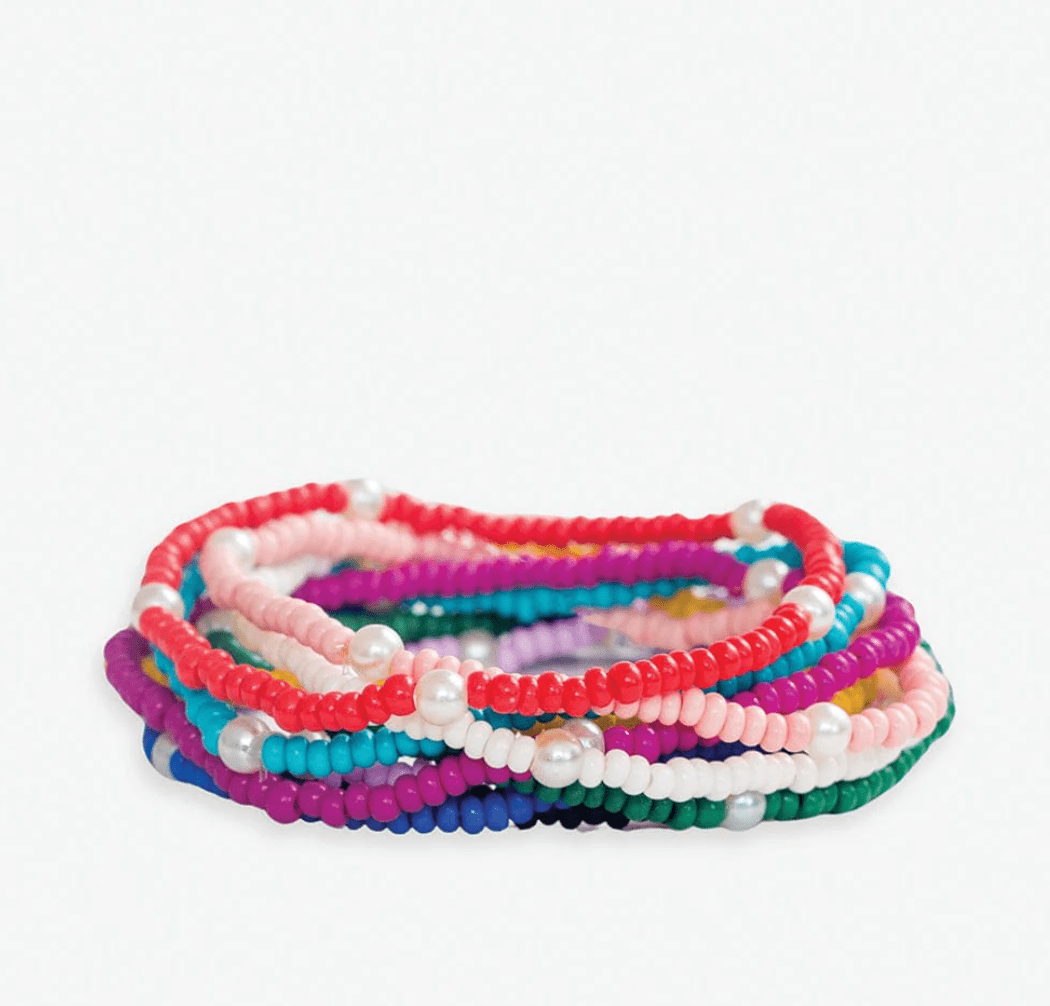 Sage Solid With Pearls 10 Strand Stretch Bracelet Set Rainbow - Veranda Cafe & Mercantile