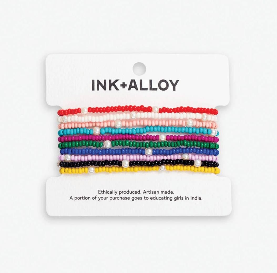 Sage Solid With Pearls 10 Strand Stretch Bracelet Set Rainbow - Veranda Cafe & Mercantile