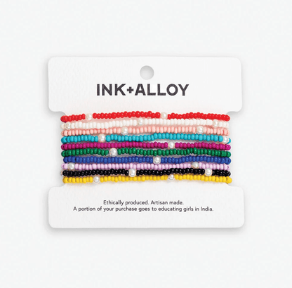 Sage Solid With Pearls 10 Strand Stretch Bracelet Set Rainbow - Veranda Cafe & Mercantile