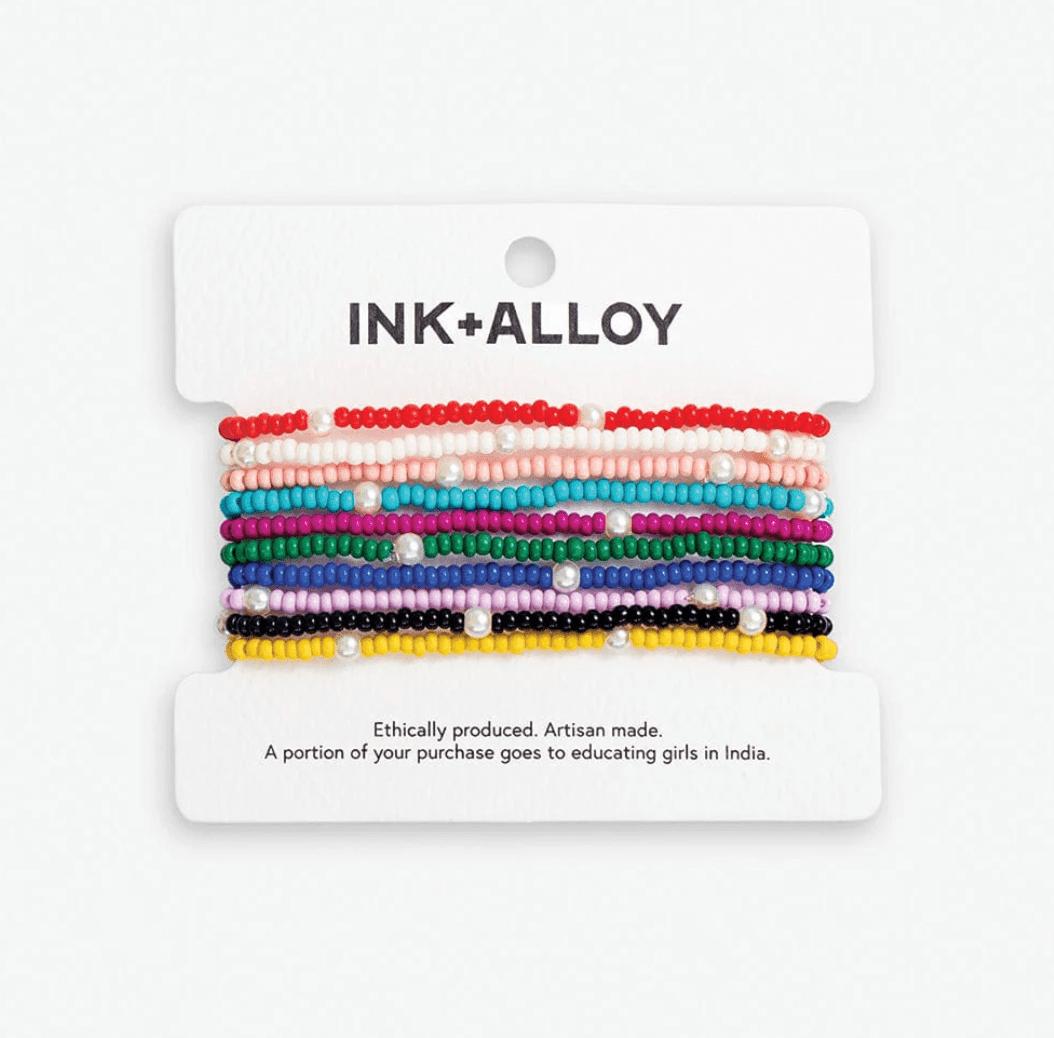 Sage Solid With Pearls 10 Strand Stretch Bracelet Set Rainbow - Veranda Cafe & Mercantile