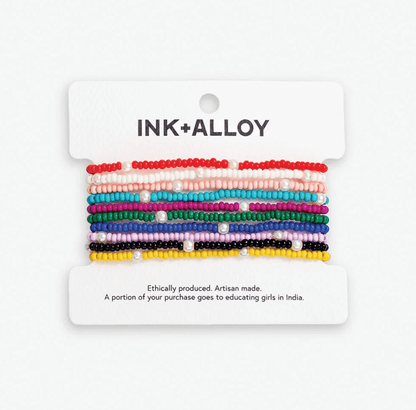 Sage Solid With Pearls 10 Strand Stretch Bracelet Set Rainbow - Veranda Cafe & Mercantile