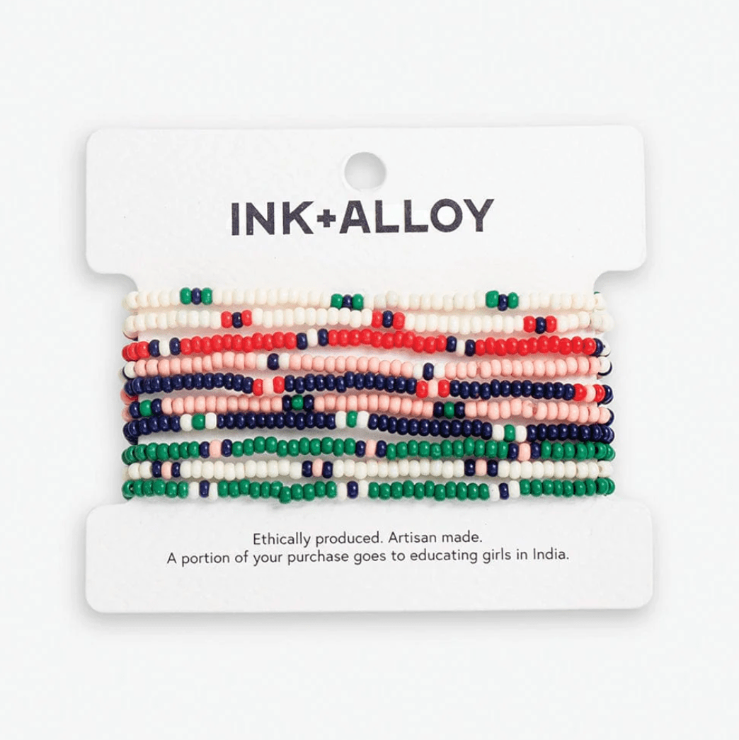 Sage Solid With Stripes Beaded 10 Strand Stretch Bracelet Set St. Tropez - Veranda Cafe & Mercantile